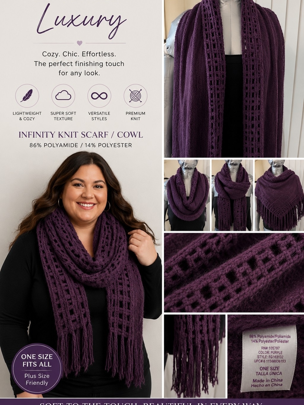 Luxury Infinity Knit Scarf / Cowl - Purple